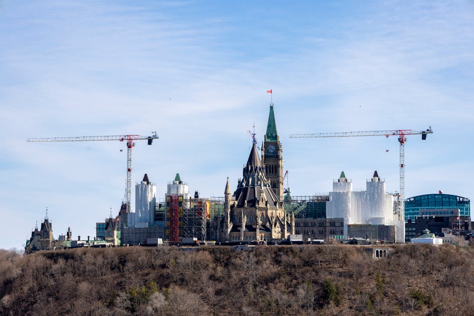 Parliament Hill and the Ottawa River at golden hour