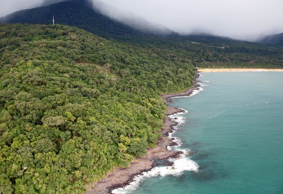 Waves rolling onto Long Beach with rainforest-covered hills in the background