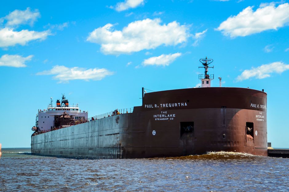 Bulk freighter passing through the Sault Ste. Marie canal locks