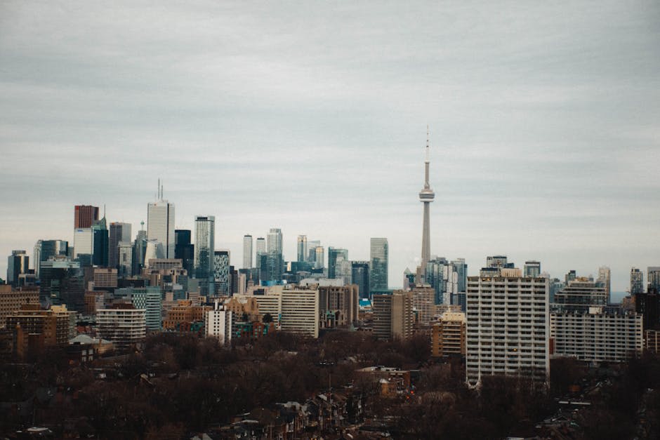 Toronto skyline and waterfront with the CN Tower at golden hour