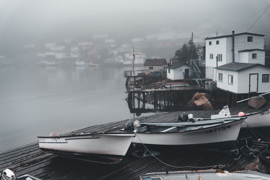A weathered fishing stage and wharf along the rocky coves of Twillingate