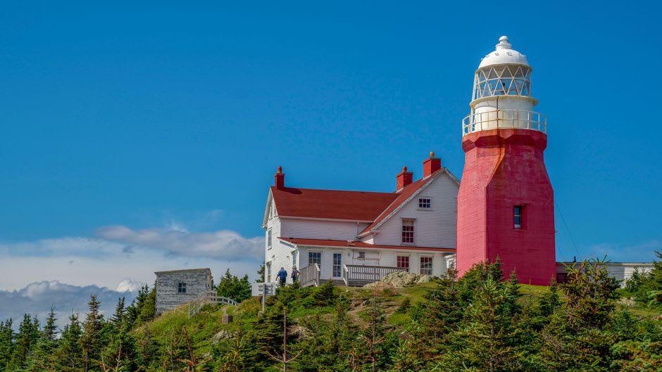 Long Point Lighthouse perched on cliffs above the Iceberg Alley coastline
