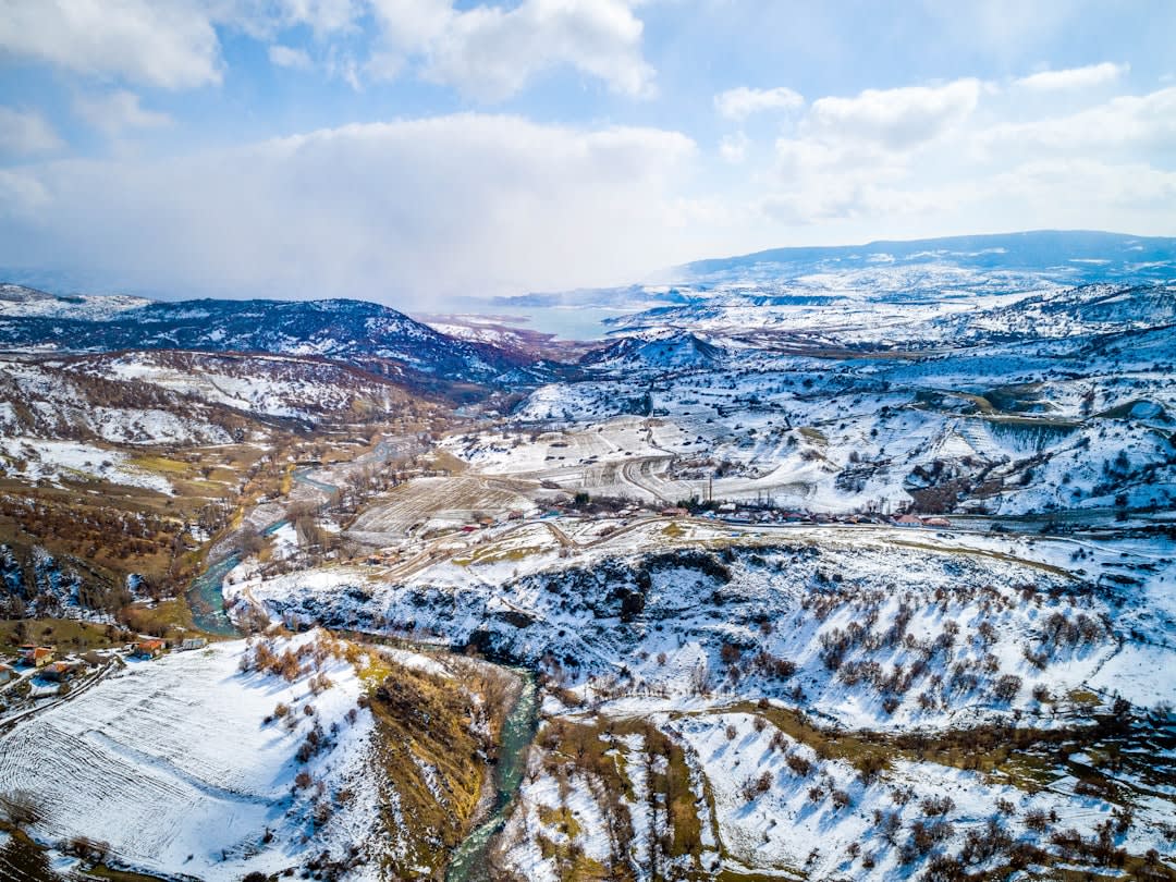 Aerial view of an open-pit diamond mine in the subarctic tundra near Yellowknife