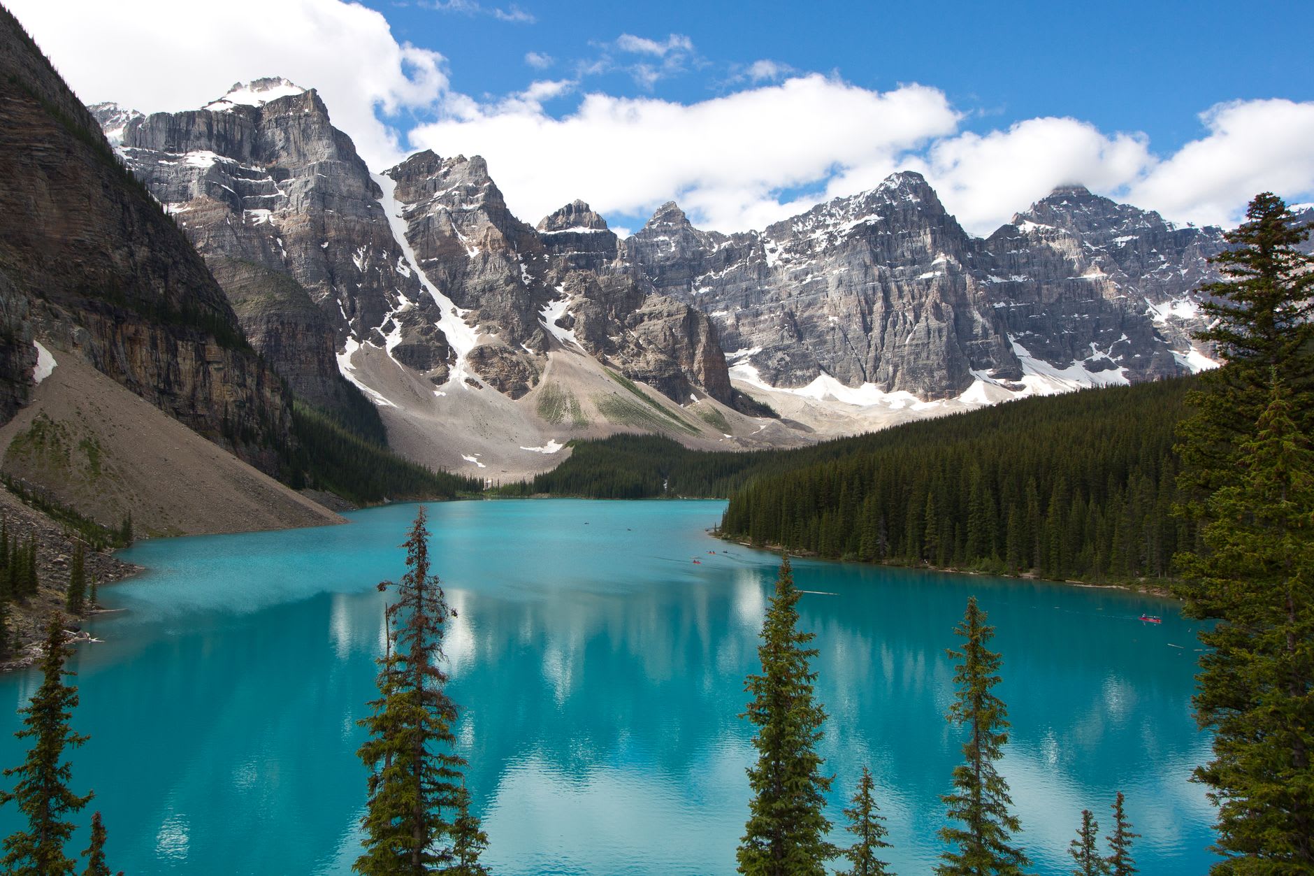 Golden larch trees on the slopes above Moraine Lake in late September with the peaks behind