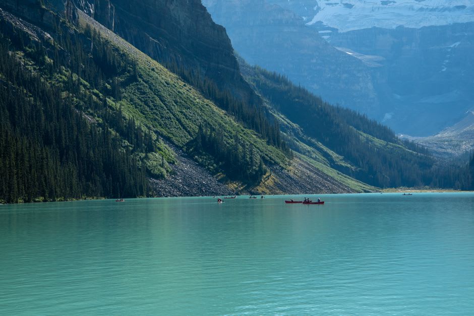 Detail of the milky turquoise glacial water at the shoreline of Peyto Lake