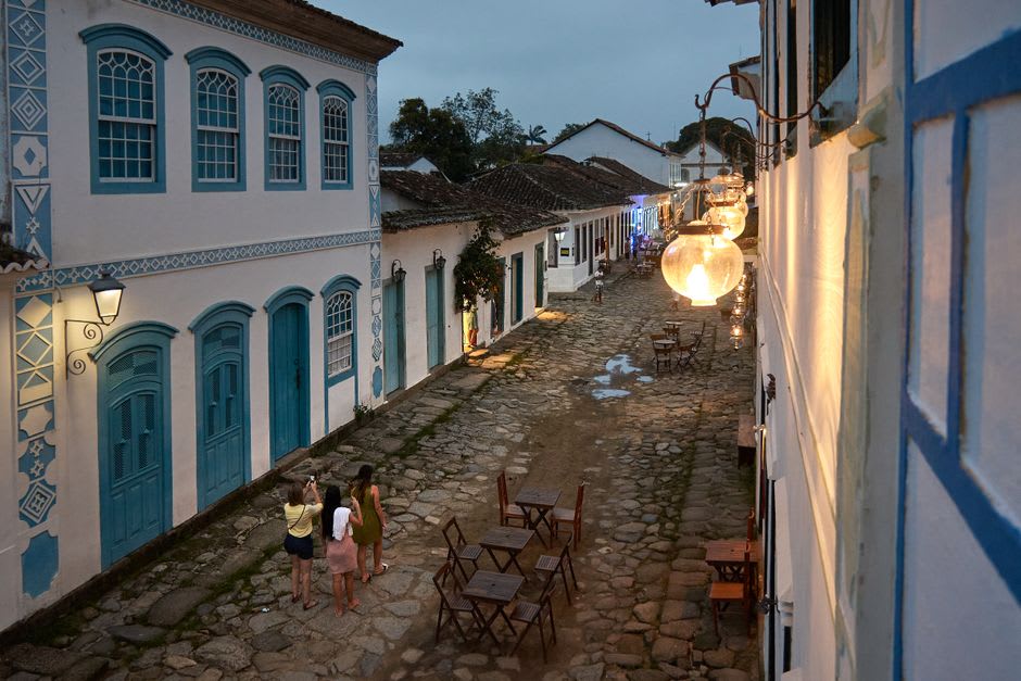Cobbled street lined with pastel colonial buildings in Ribeira Brava