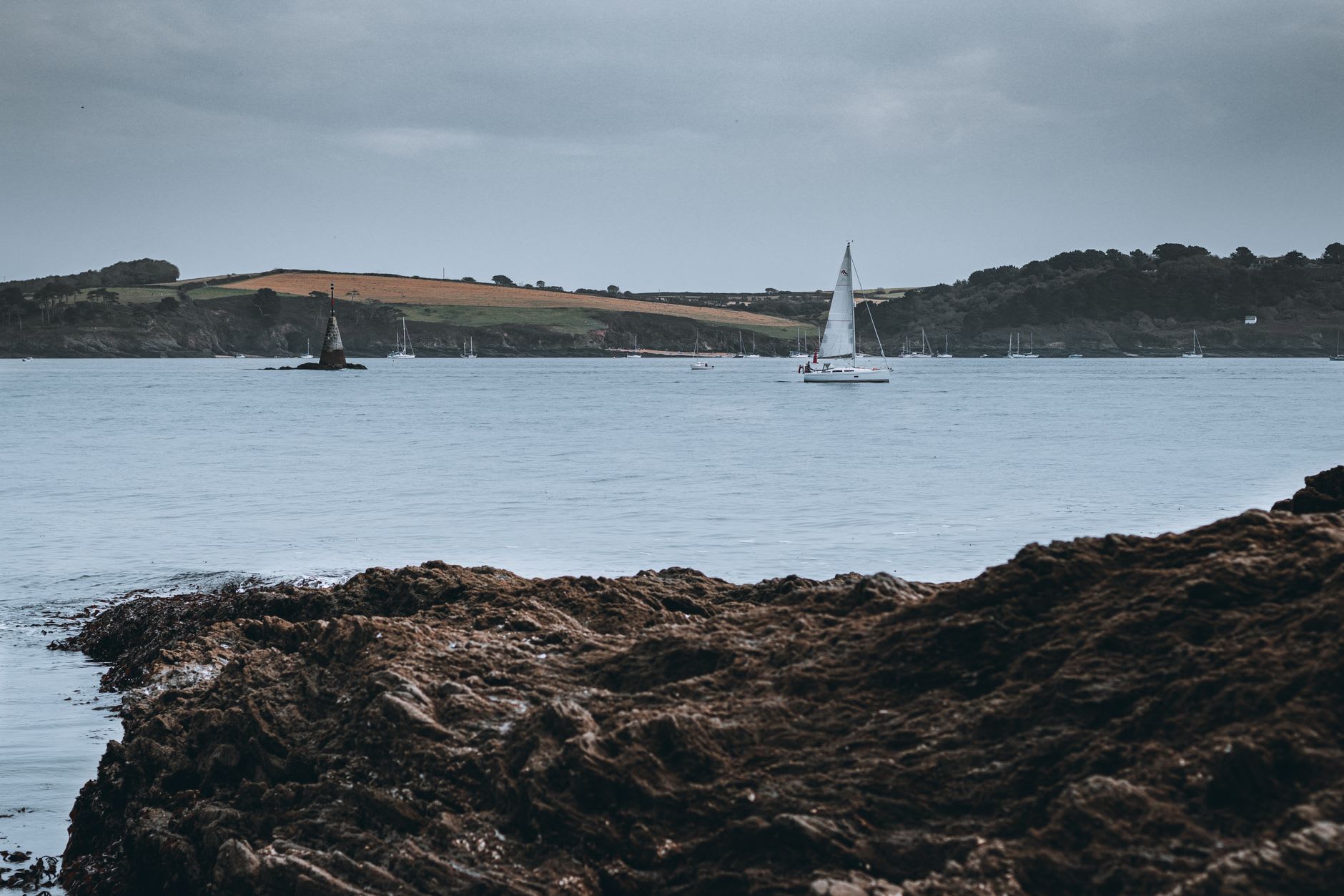 The exposed cobbled causeway to Lihou draped in seaweed at low tide, Guernsey's coastline behind under a grey sky