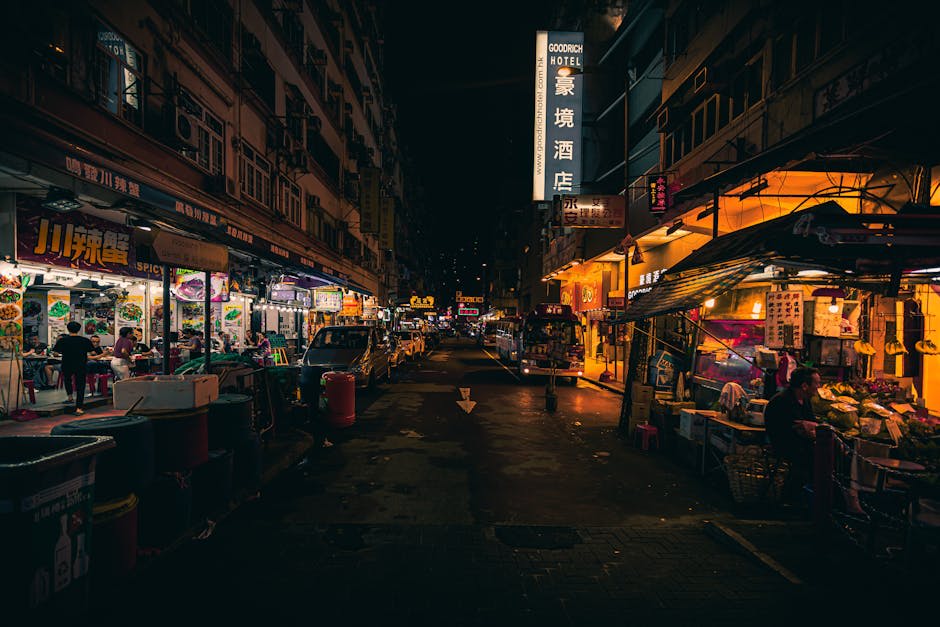 Neon-lit street food stalls and markets in Hong Kong
