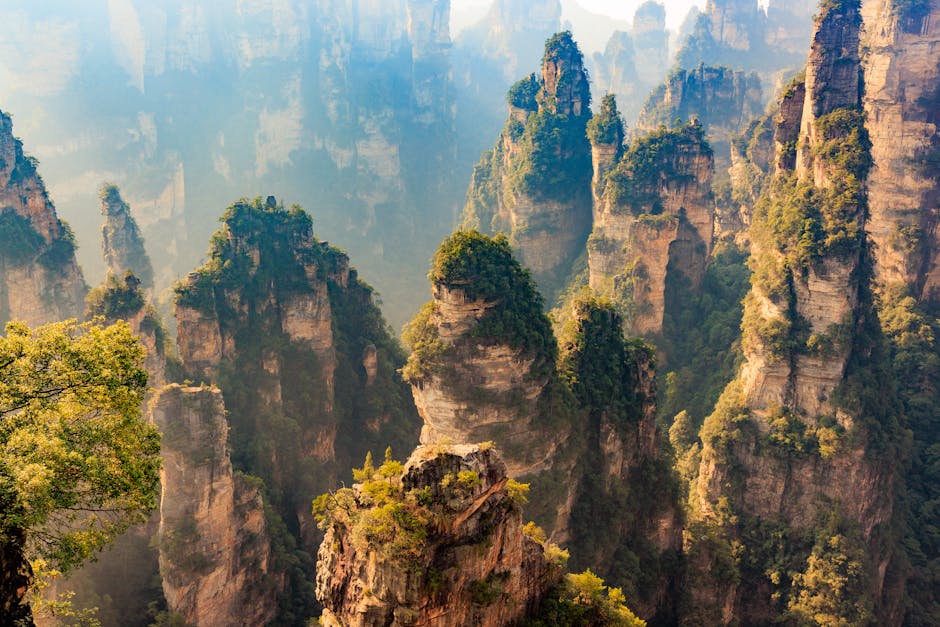 Sandstone pillars rising through mist in Zhangjiajie