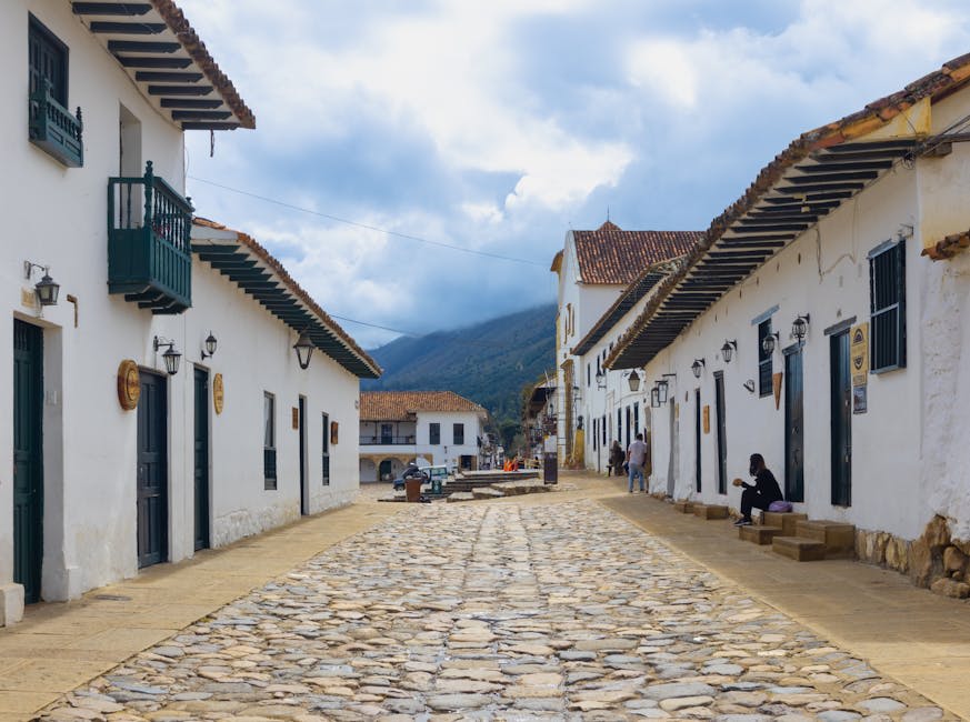 Colonial whitewashed buildings and a cobblestone street in the Boyaca highlands