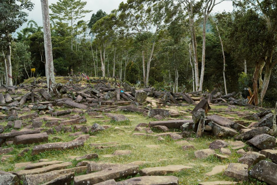 Ancienne plateforme de pierre marae envahie par la jungle à Highland Paradise, Rarotonga