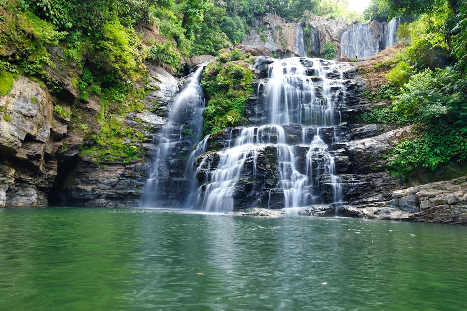 Blue-tinted waterfall pool surrounded by lush tropical vegetation