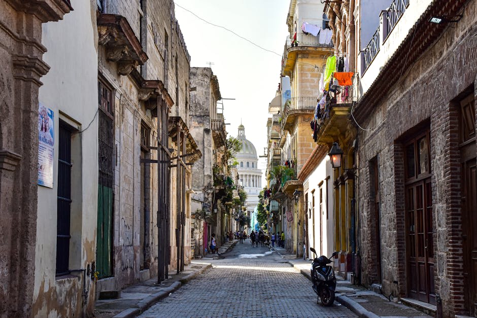 Narrow colonial streets winding through Camaguey's old town