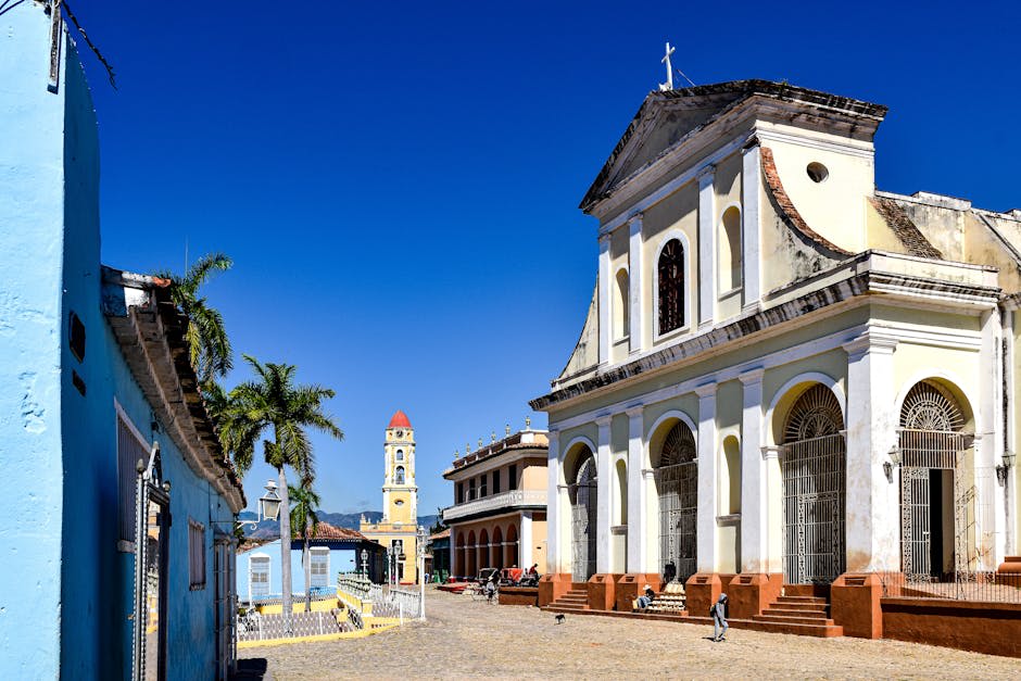 Colonial plaza with church and pastel-colored buildings