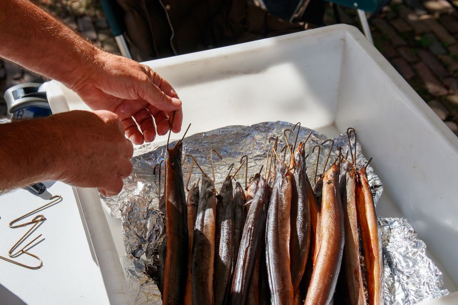 Smoked herring hanging in a traditional Bornholm røgeri smokehouse chimney