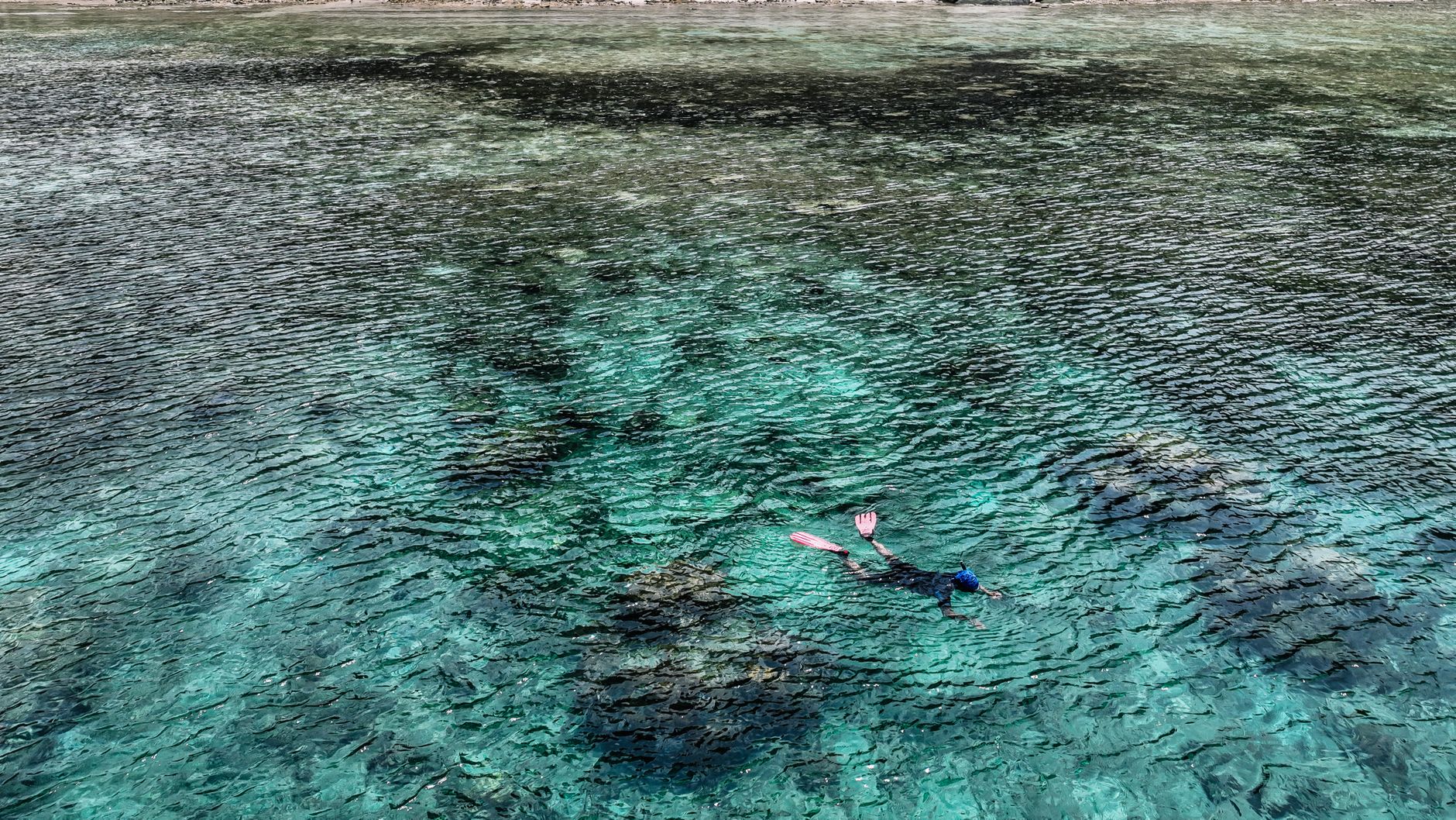 Snorkeller suspended above the Champagne Reef bubble fields, tropical fish visible in the warm volcanic water below