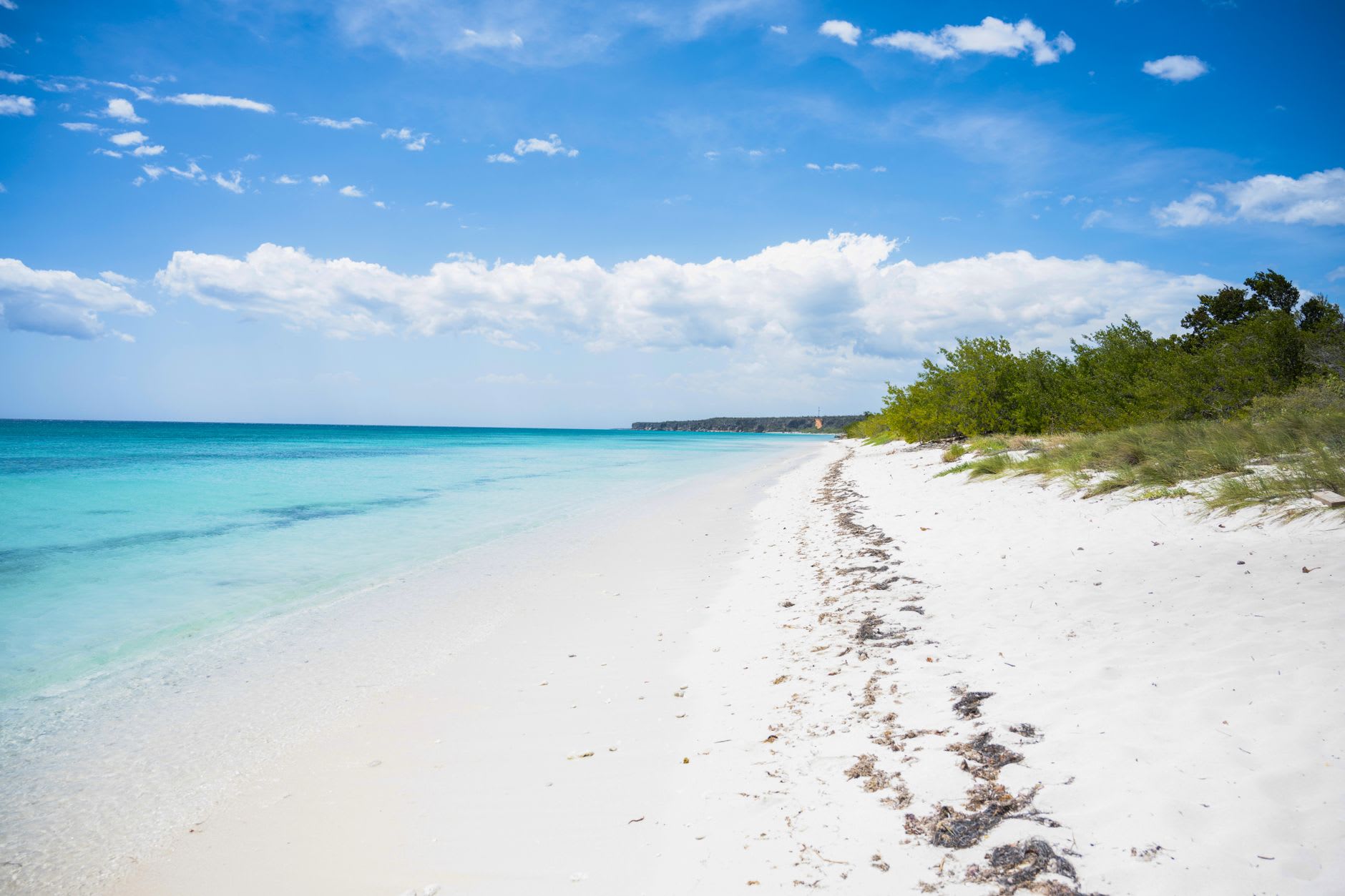 Turquoise shallows meeting empty white sand under a clear sky at Bahia de las Aguilas