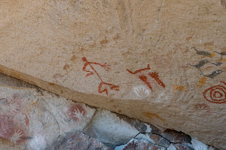 Close-up of ochre and red San rock paintings of eland on a sandstone shelter wall in Didima Gorge