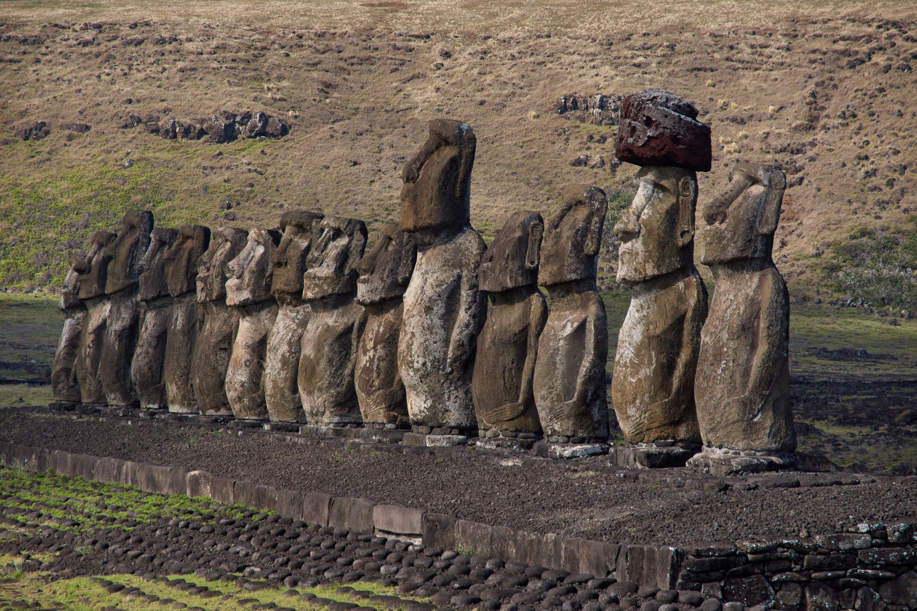 The fitted stone wall of Ahu Vinapu 1 in close detail, showing the precise coursing and smooth facing of the basalt blocks