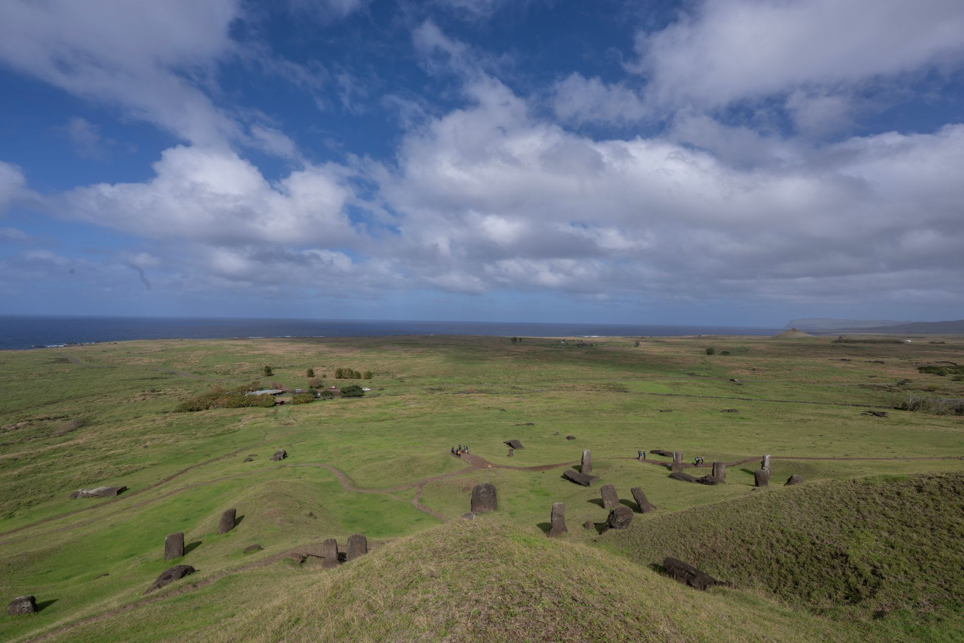 The volcanic red earth and rocky highlands of the Poike Peninsula with the Pacific visible on three sides in the distance