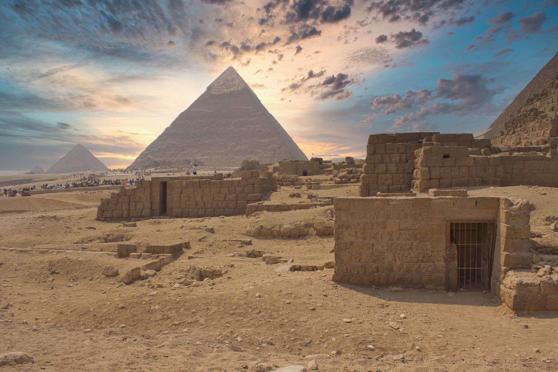 The tiered Step Pyramid of Djoser rising above the restored colonnade at Saqqara