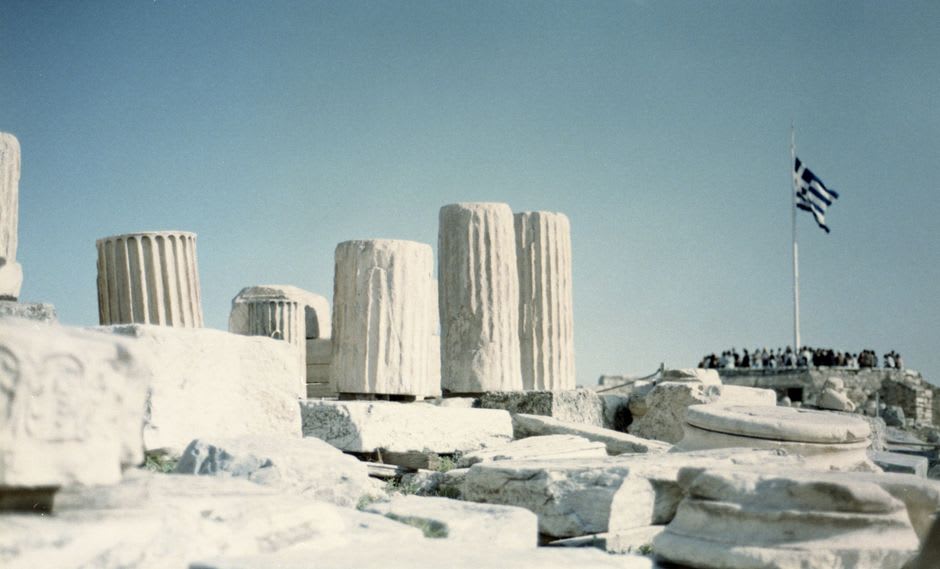 Excavated stone terraces on the main acropolis structure at the San Andrés archaeological site