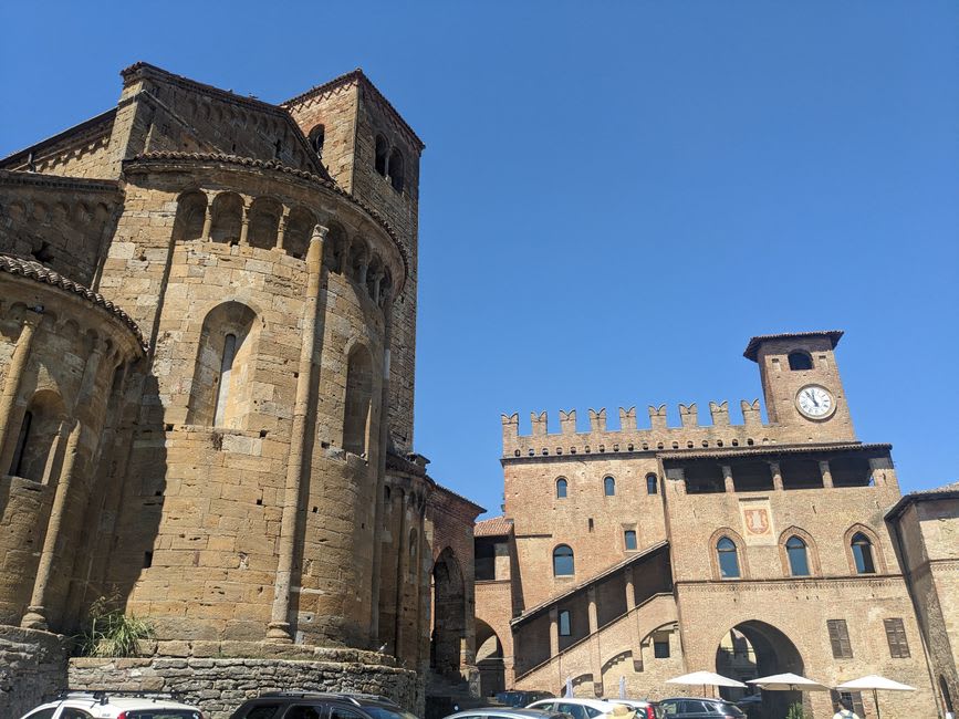 The Rocca Viscontea fortress towering over Castell'Arquato's medieval piazza