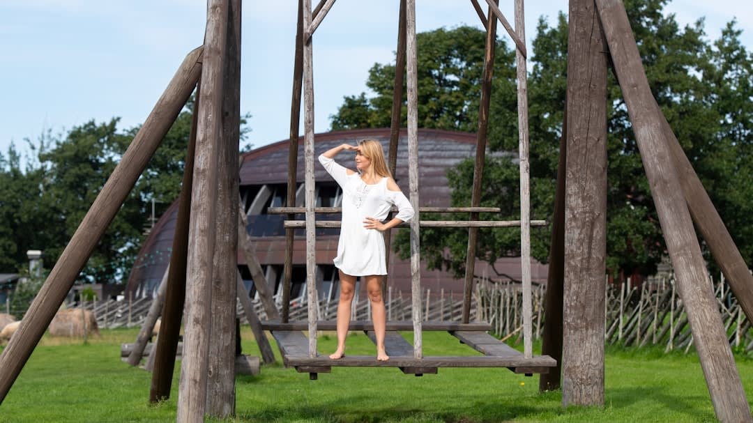 Reconstructed medieval siege weapon on display at Rakvere Castle hill