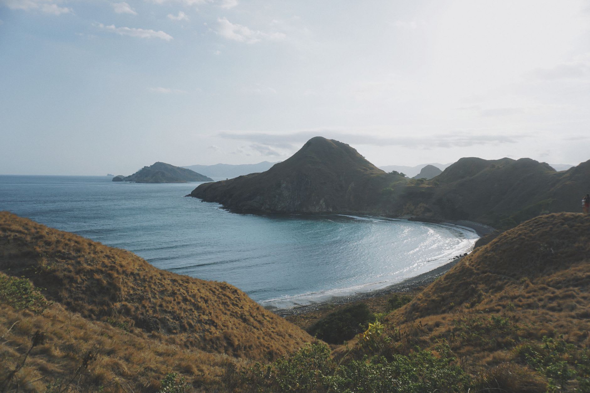Manta ray gliding through blue water at Komodo National Park, sunlight filtering from above