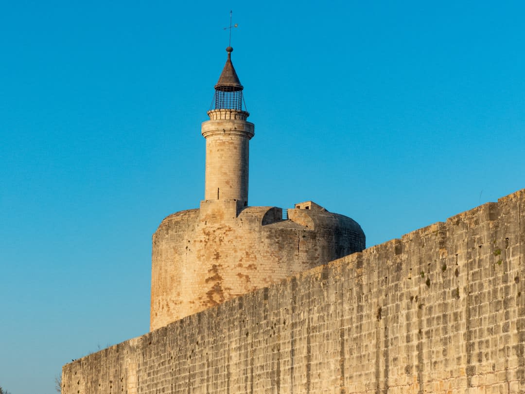 The round medieval Tour de Constance rising above the ramparts of Aigues-Mortes
