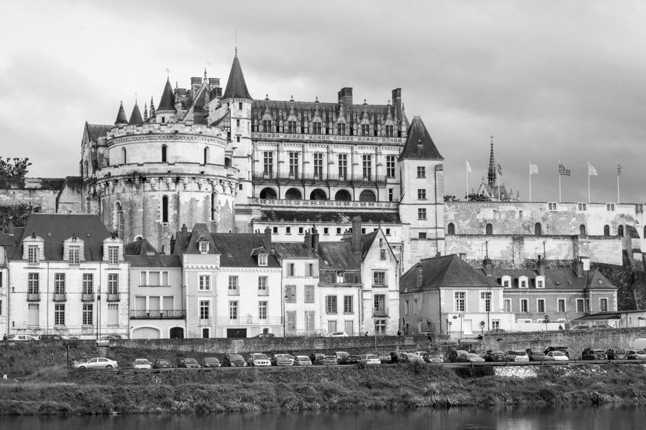 View from the château ramparts down over the Loire River and the slate rooftops of Amboise