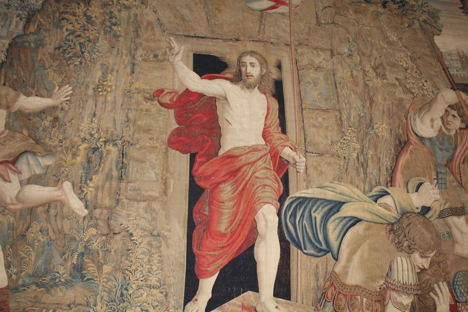 A detailed section of the medieval Apocalypse Tapestry depicting a scene from the Book of Revelation