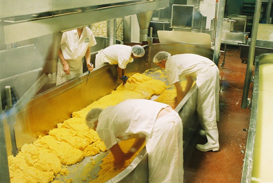Workers turning curd in large copper vats inside a traditional cheese cooperative in the Beaufort valley