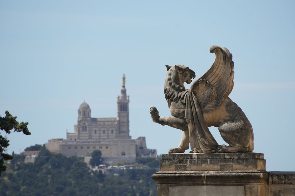 Stone gargoyle sculptures by Henry Clews in the seaside gardens of the Château de la Napoule