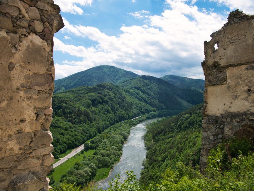 The green Saison river valley seen from the ruined ramparts of Mauléon castle