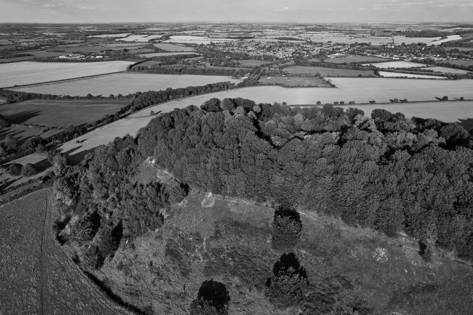 The overgrown ramparts of Nozeroy seen from above, with Jura farmland stretching out beyond the old walls