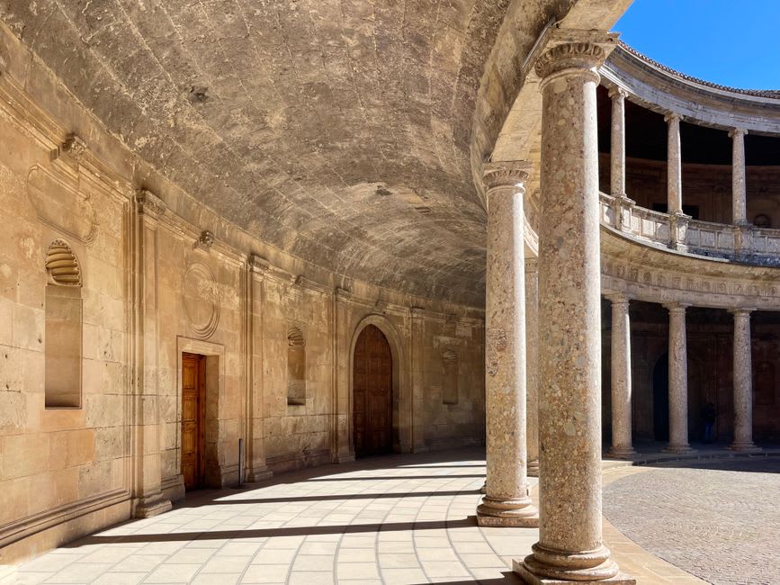 The arcaded Gothic courtyard inside the Palace of the Kings of Majorca in Perpignan
