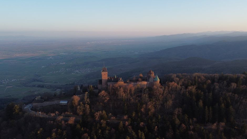 The ruined Château Saint-Ulrich above Ribeauvillé seen through the trees on the forested ridge