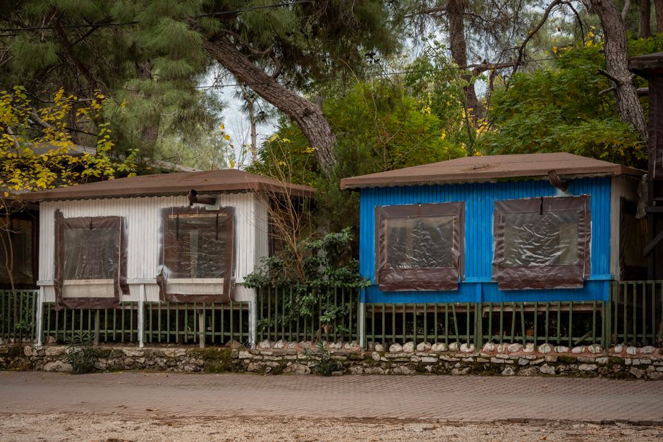 Le Corbusier's small wooden Cabanon cabin nestled among pine trees on the Cap Martin shoreline