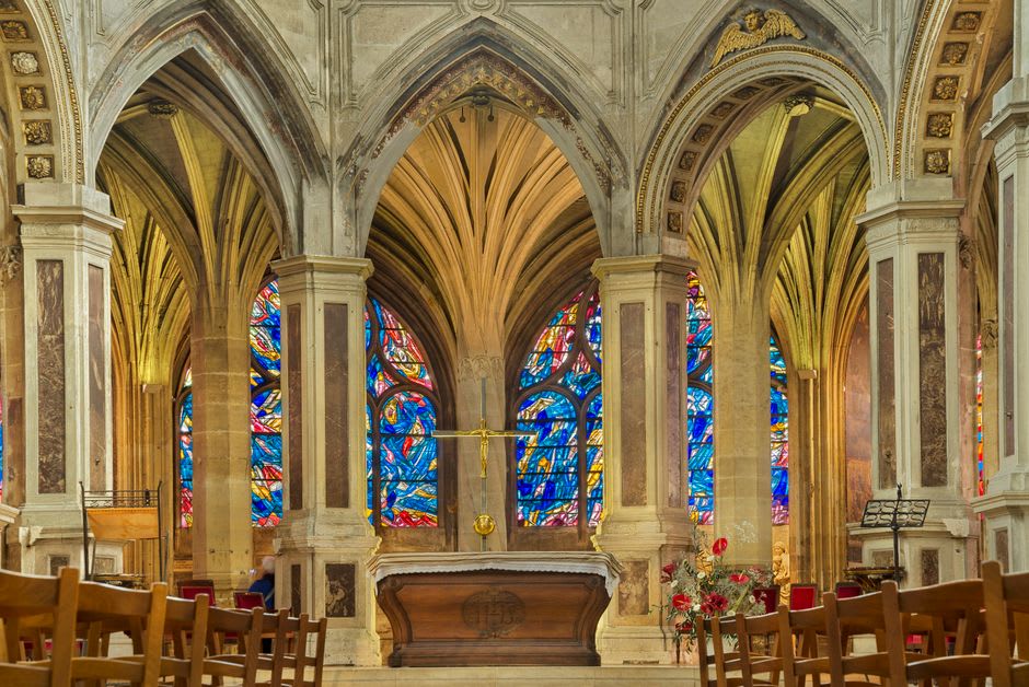 The plain stone tomb of Nostradamus inside the Église Saint-Laurent in Salon-de-Provence