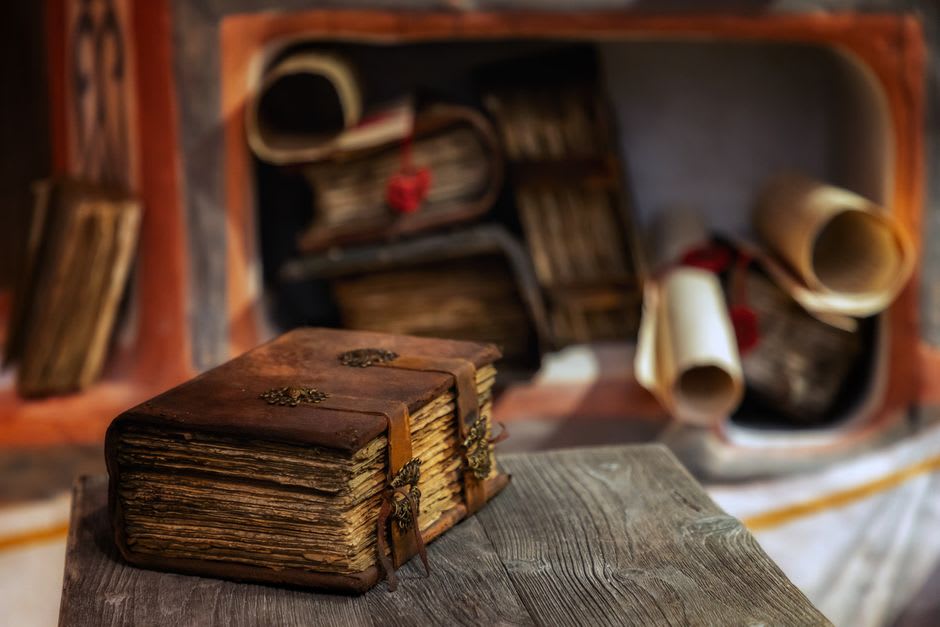 Old hand-bound manuscripts and books on wooden shelves inside the Bibliothèque Humaniste in Sélestat