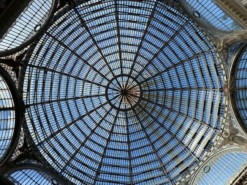 The ornate glass and iron canopy over the Parc des Sources thermal gallery in Vichy