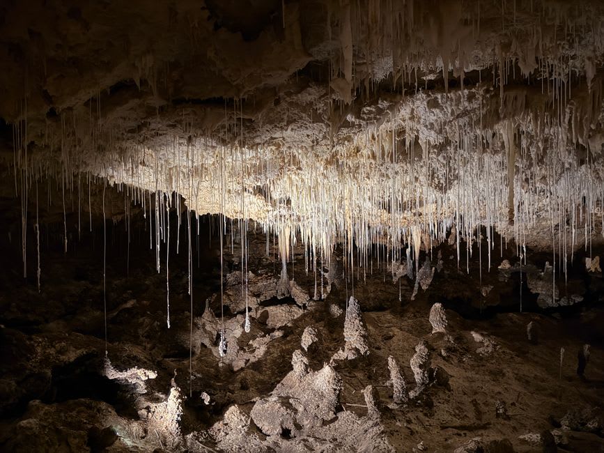 Interior of a limestone cave on Rurutu with stalactite formations and a shaft of natural light filtering down from an opening above