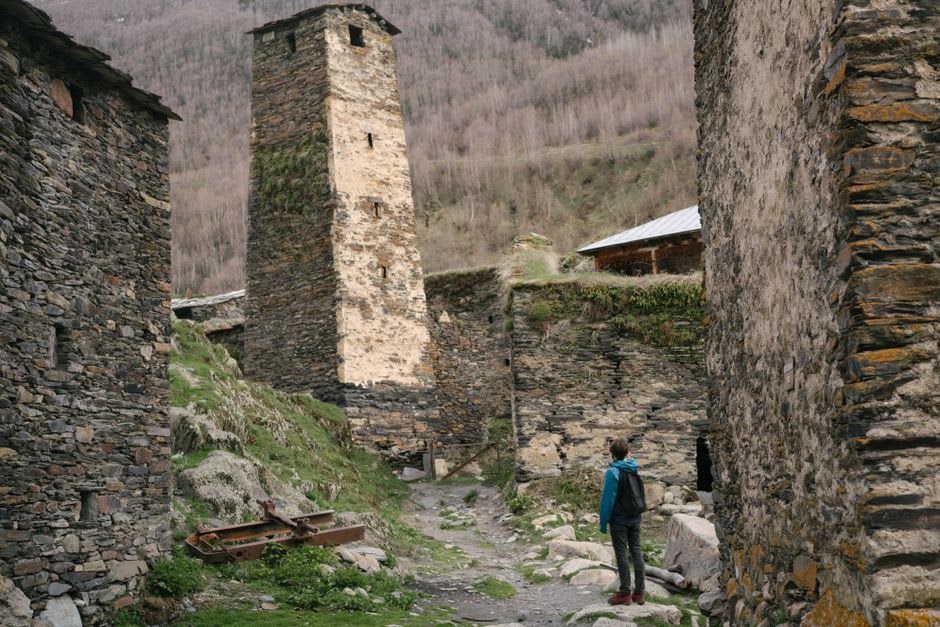 Medieval Svan stone towers clustered together in Chazhashi village, Ushguli