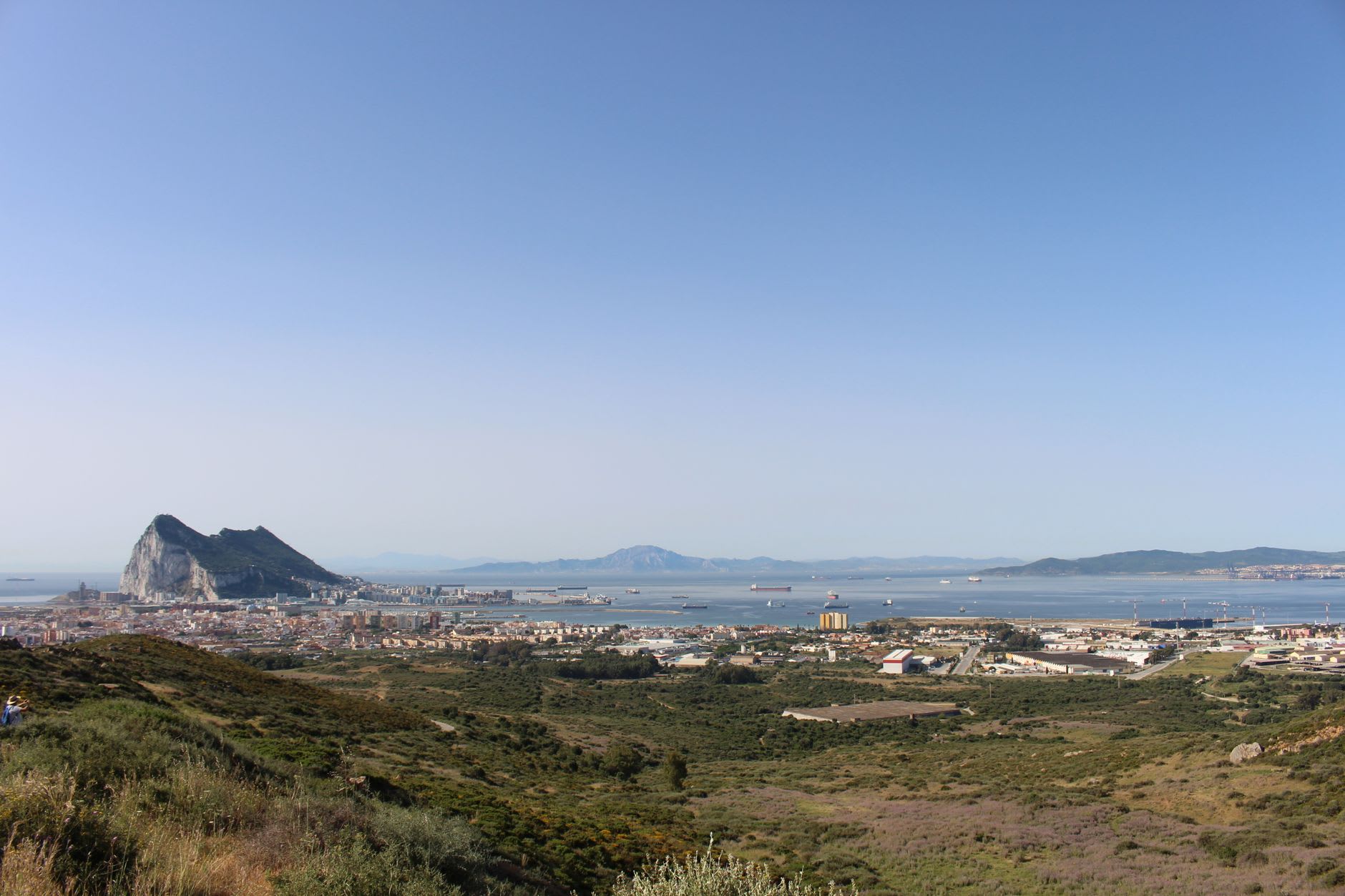 Panoramic view from the summit of the Rock of Gibraltar showing Algeciras Bay to the west and the Mediterranean to the east