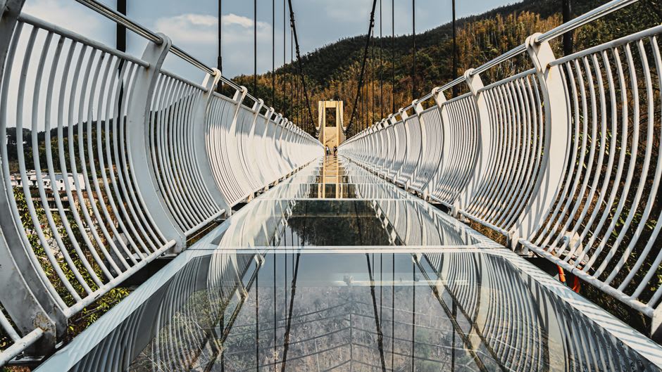 Glass floor panel on Windsor Suspension Bridge looking down into the gorge