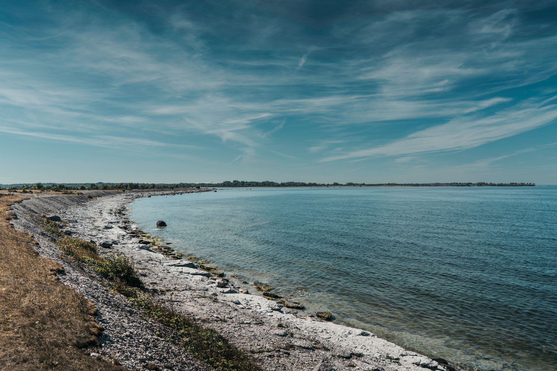 Hoburgen limestone headland from the cliff path, Baltic Sea stretching south to the horizon