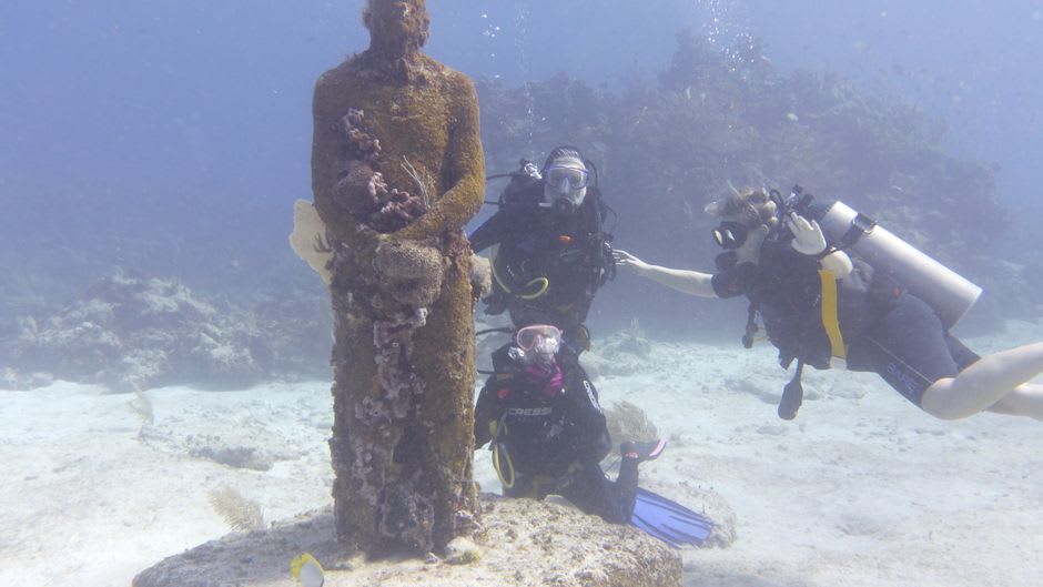A diver exploring the coral-encrusted underwater sculptures at Townsville's Museum of Underwater Art