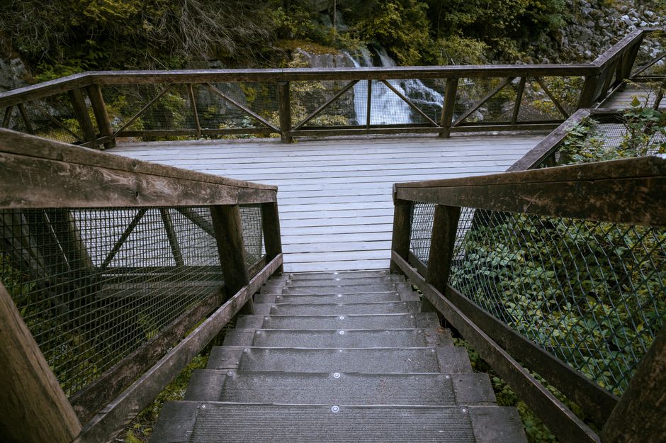 Chutes supérieures de Tahquamenon vues à travers une trouée entre les pruches le long de la passerelle