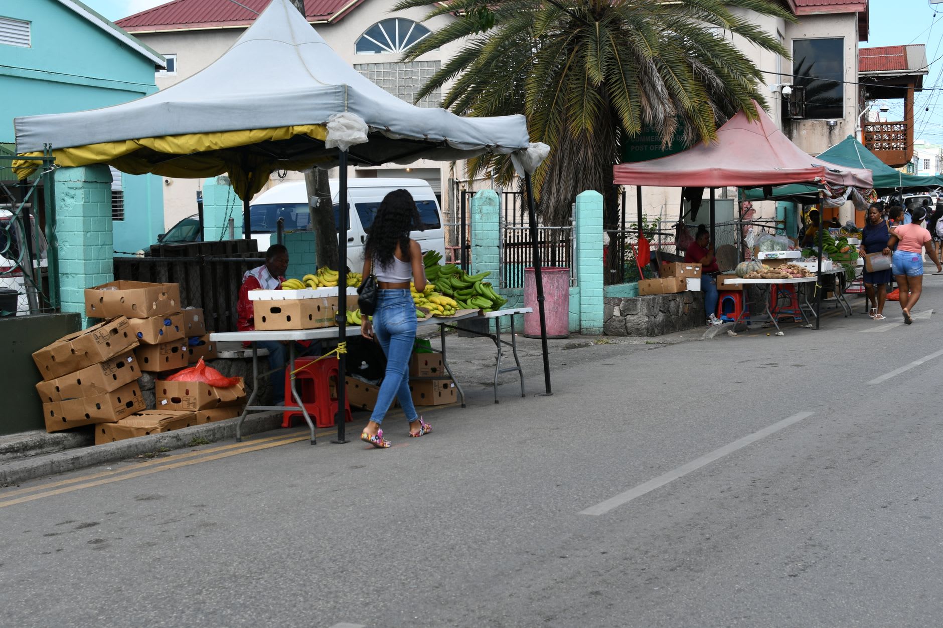 The lively Saturday morning market at Saint-François with vendors selling tropical fruit, spices, and local rum under a large open shelter